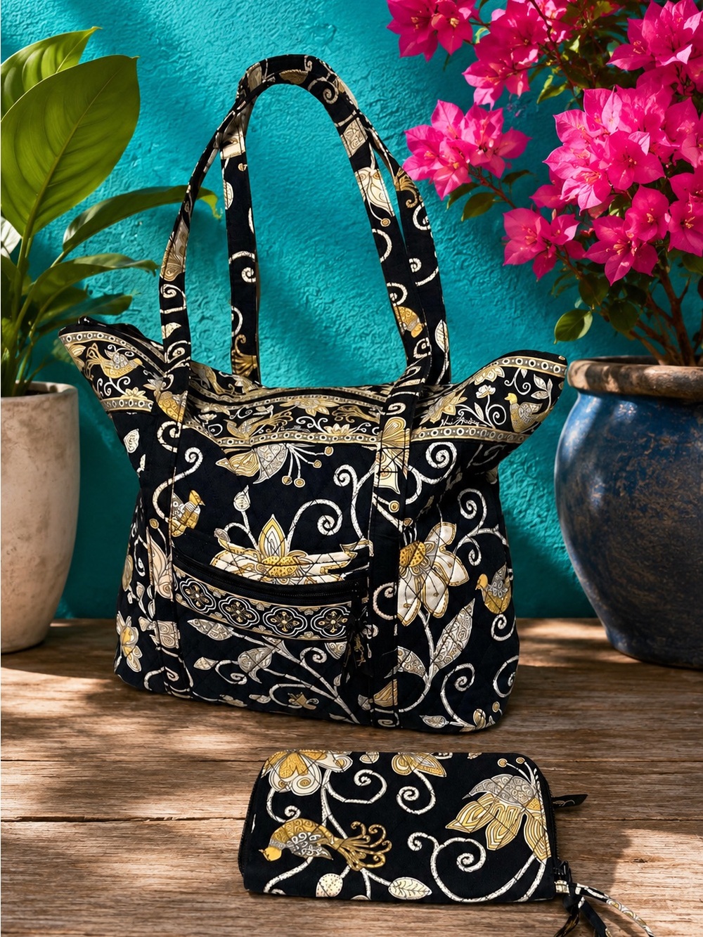 Vera Bradley Black Floral Quilted Tote with Matching Wristlet